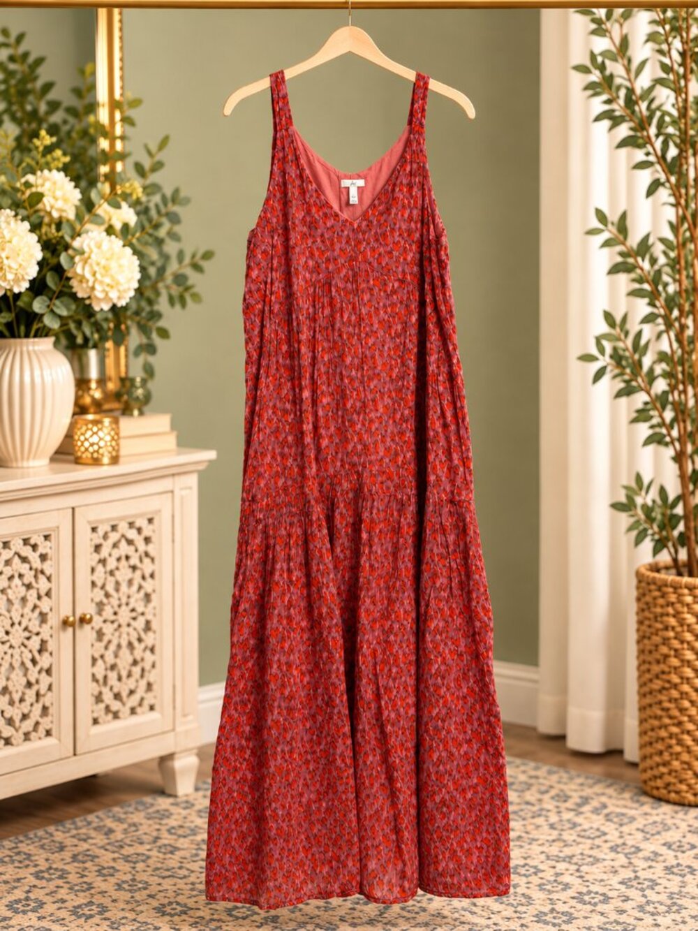 Joie Bondi Tea Rose Cotton Tiered Maxi Dress Size L Pink Red Ikat
